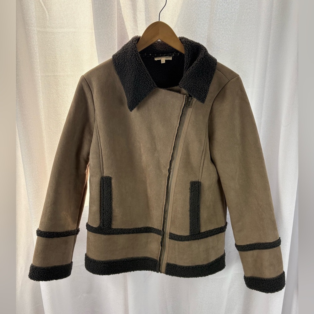 Mystree Coat Jacket Taupe Stripe Faux Suede Sherpa Jacket Coat Size Small EUC